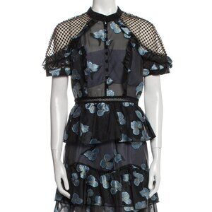 Self-Portrait Black Mesh Skirt Dress with Blue Floral Embroidery
